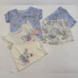 Toddler Girl 2T Four Pc Set (2Tops 2Shorts) Periwinkle & Cream Fairy Print - NWT